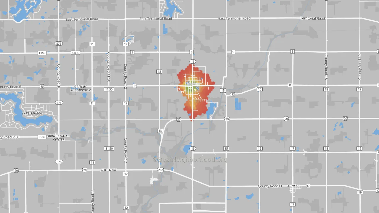 Walk Grade map of 43554, OH, walkable areas in green and car-dependent areas in red