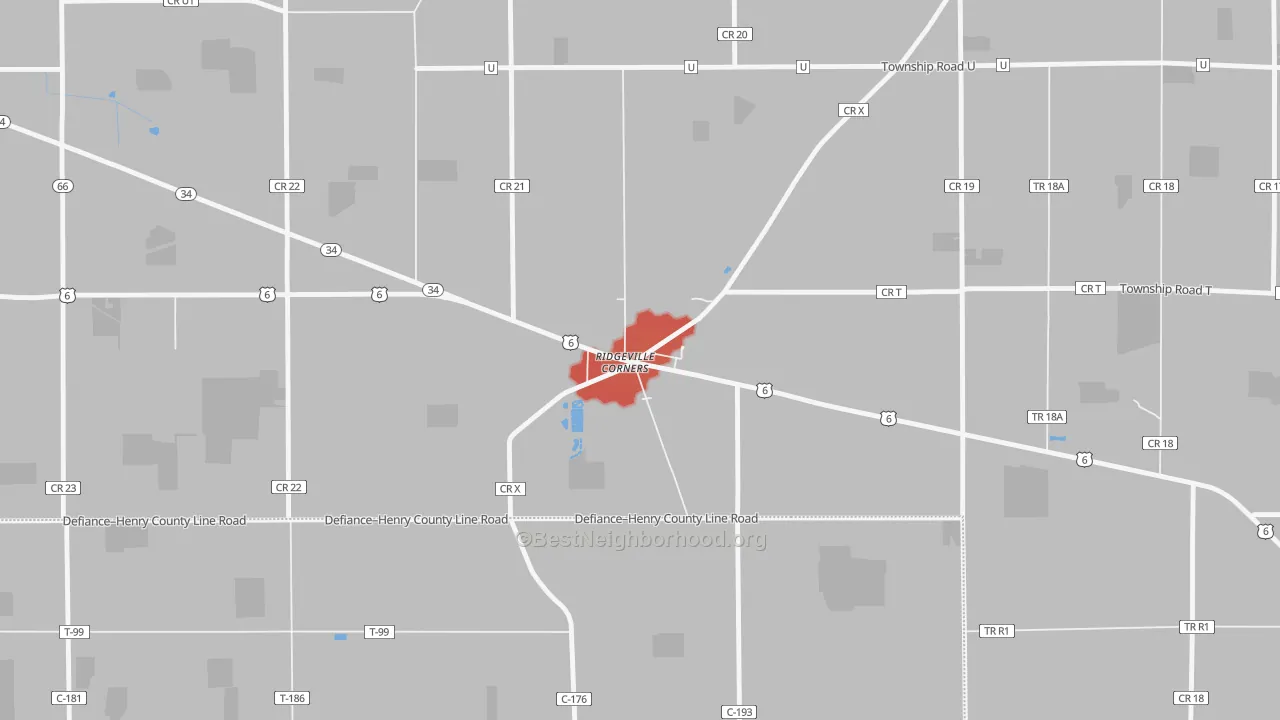 Walk Grade map of 43555, OH, walkable areas in green and car-dependent areas in red