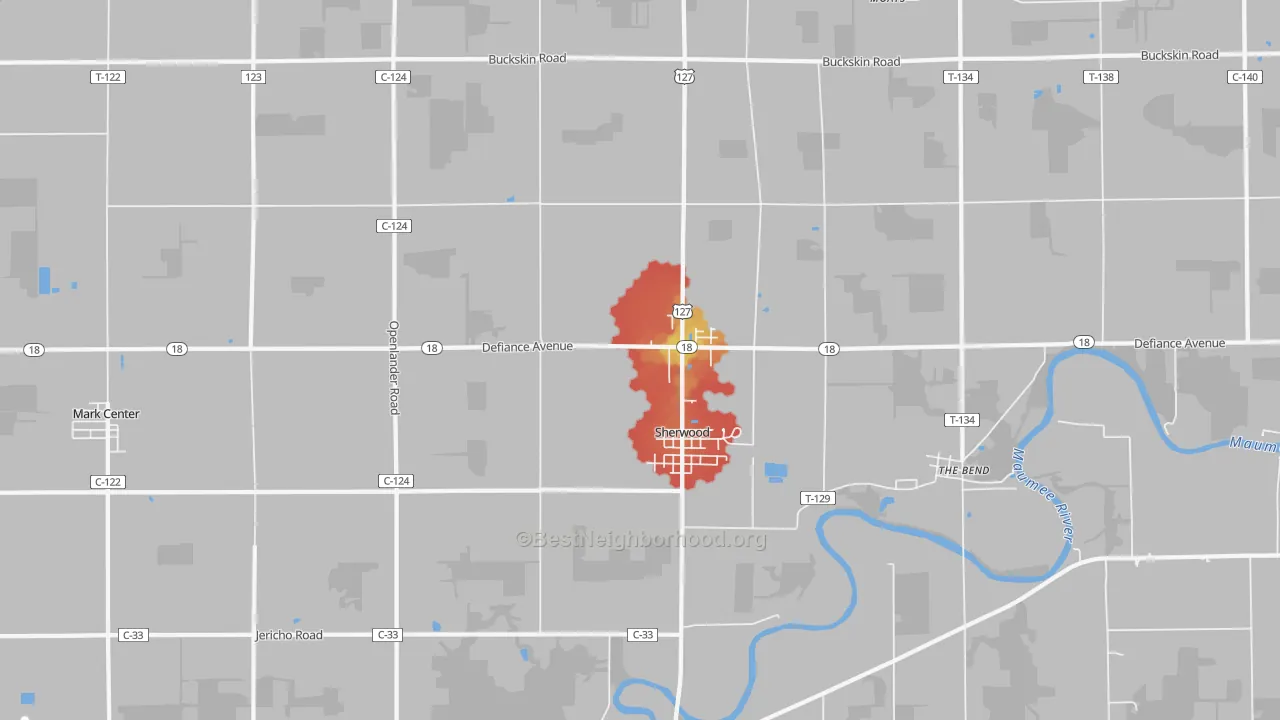 Walk Grade map of 43556, OH, walkable areas in green and car-dependent areas in red
