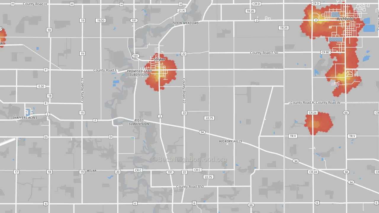 Walk Grade map of 43557, OH, walkable areas in green and car-dependent areas in red