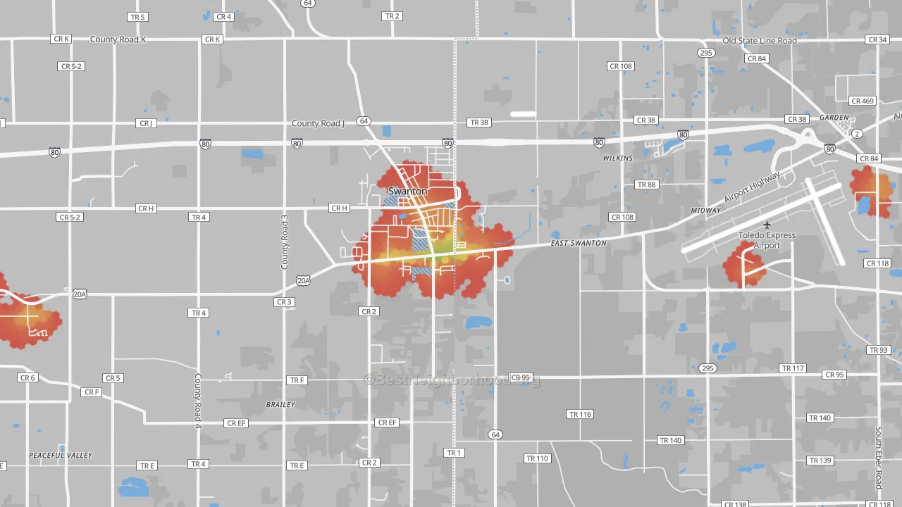 Walk Grade map of 43558, OH, walkable areas in green and car-dependent areas in red