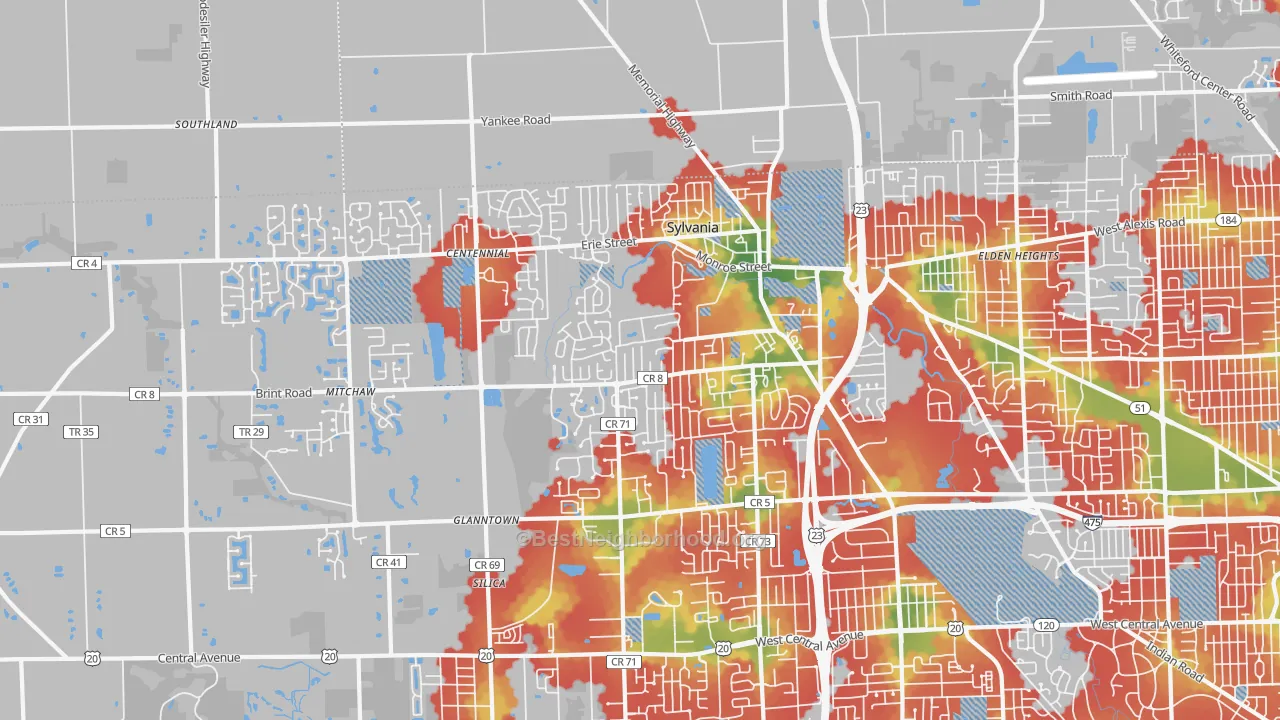 Walk Grade map of 43560, OH, walkable areas in green and car-dependent areas in red