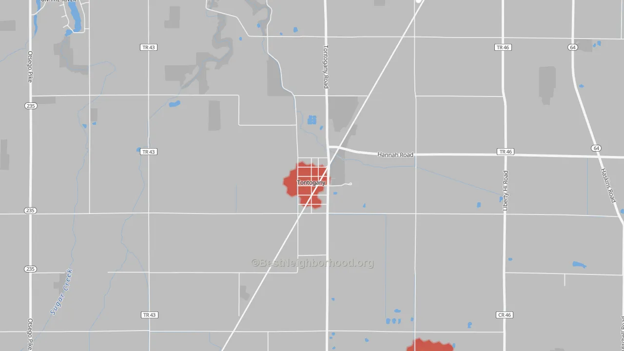 Walk Grade map of 43565, OH, walkable areas in green and car-dependent areas in red