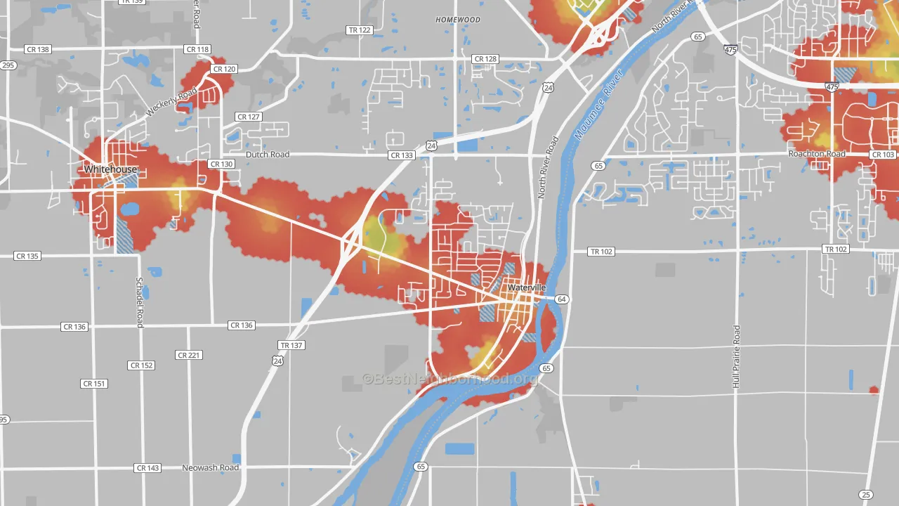 Walk Grade map of 43566, OH, walkable areas in green and car-dependent areas in red