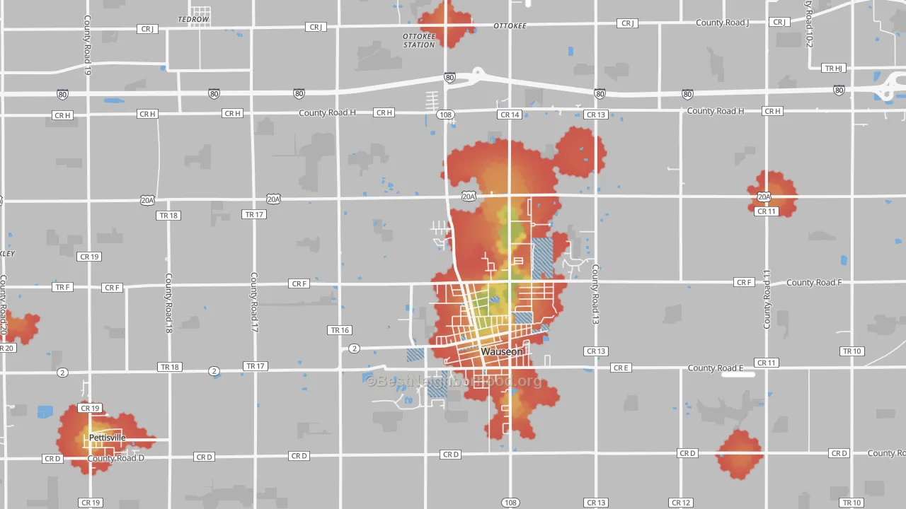 Walk Grade map of 43567, OH, walkable areas in green and car-dependent areas in red
