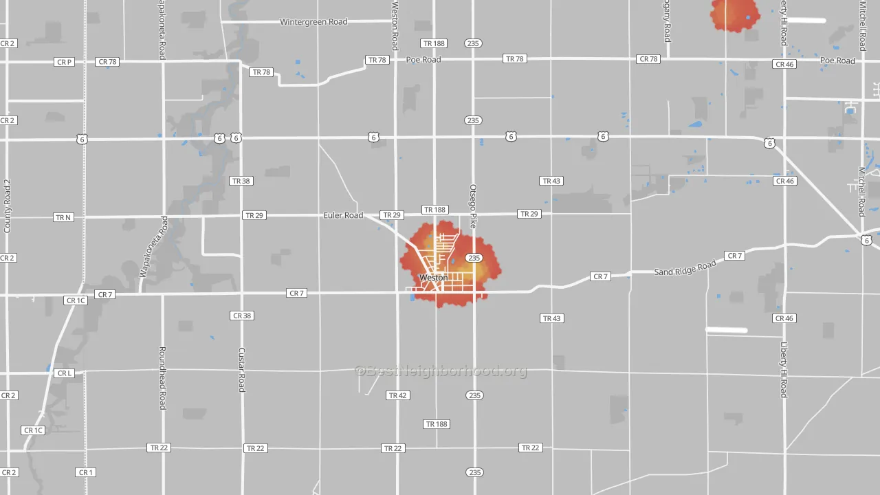 Walk Grade map of 43569, OH, walkable areas in green and car-dependent areas in red