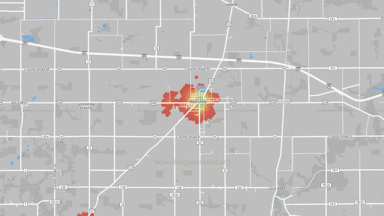Walk Grade map of 43570, OH, walkable areas in green and car-dependent areas in red