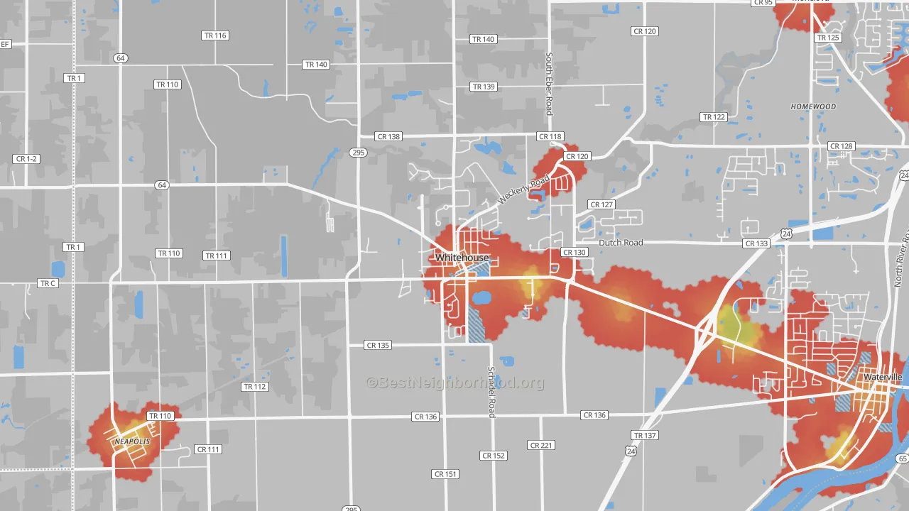 Walk Grade map of 43571, OH, walkable areas in green and car-dependent areas in red