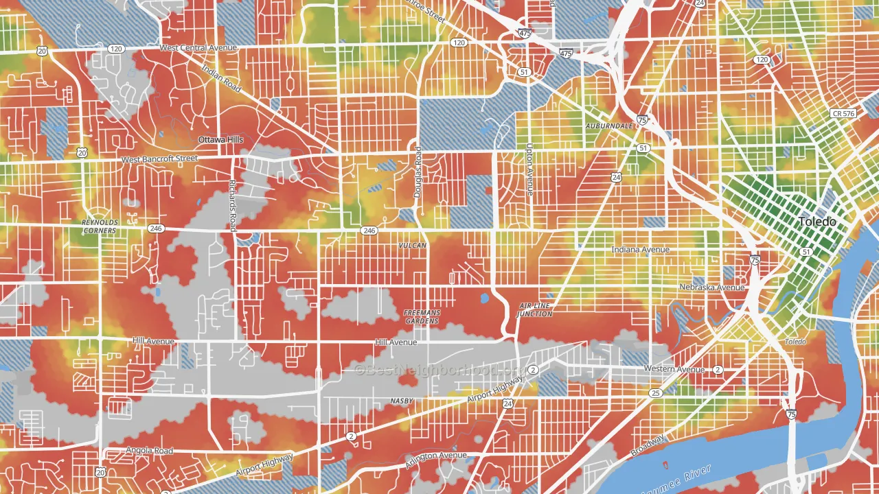 Walk Grade map of 43607, OH, walkable areas in green and car-dependent areas in red