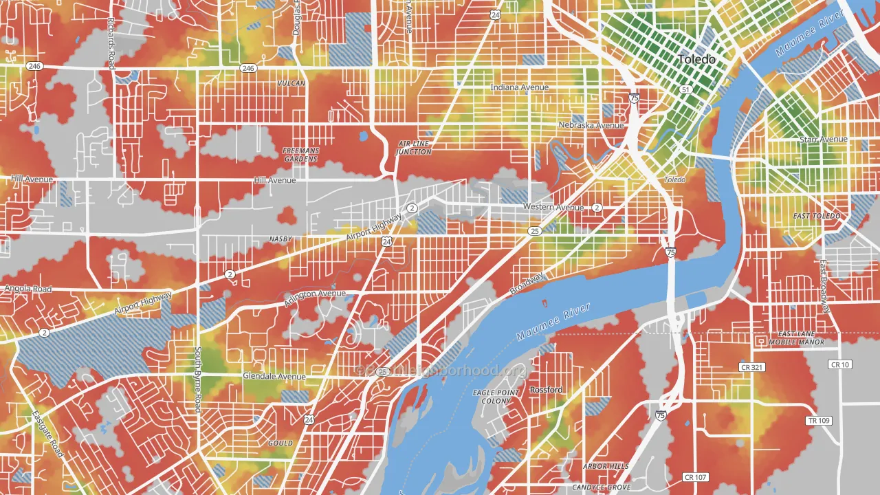 Walk Grade map of 43609, OH, walkable areas in green and car-dependent areas in red