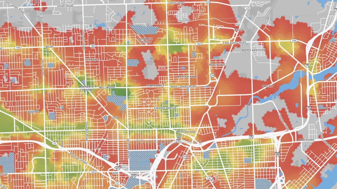 Walk Grade map of 43612, OH, walkable areas in green and car-dependent areas in red