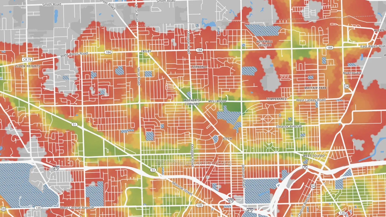 Walk Grade map of 43613, OH, walkable areas in green and car-dependent areas in red