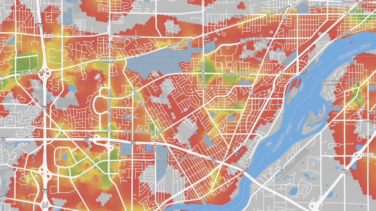 Walk Grade map of 43614, OH, walkable areas in green and car-dependent areas in red