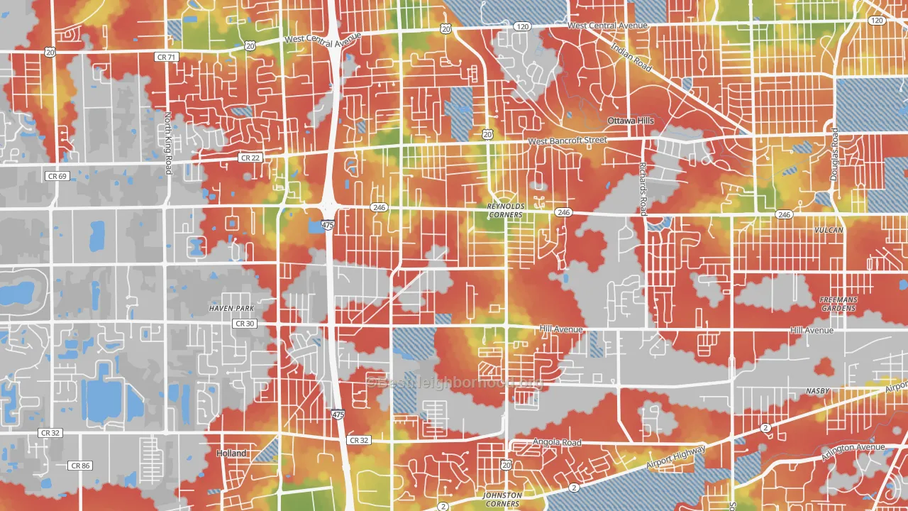 Walk Grade map of 43615, OH, walkable areas in green and car-dependent areas in red