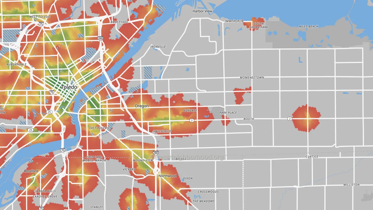 Walk Grade map of 43616, OH, walkable areas in green and car-dependent areas in red