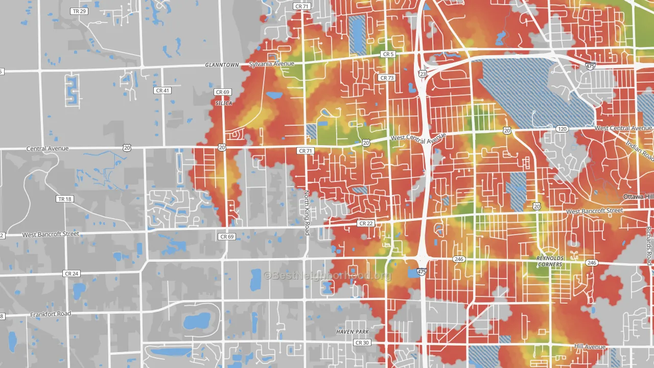 Walk Grade map of 43617, OH, walkable areas in green and car-dependent areas in red
