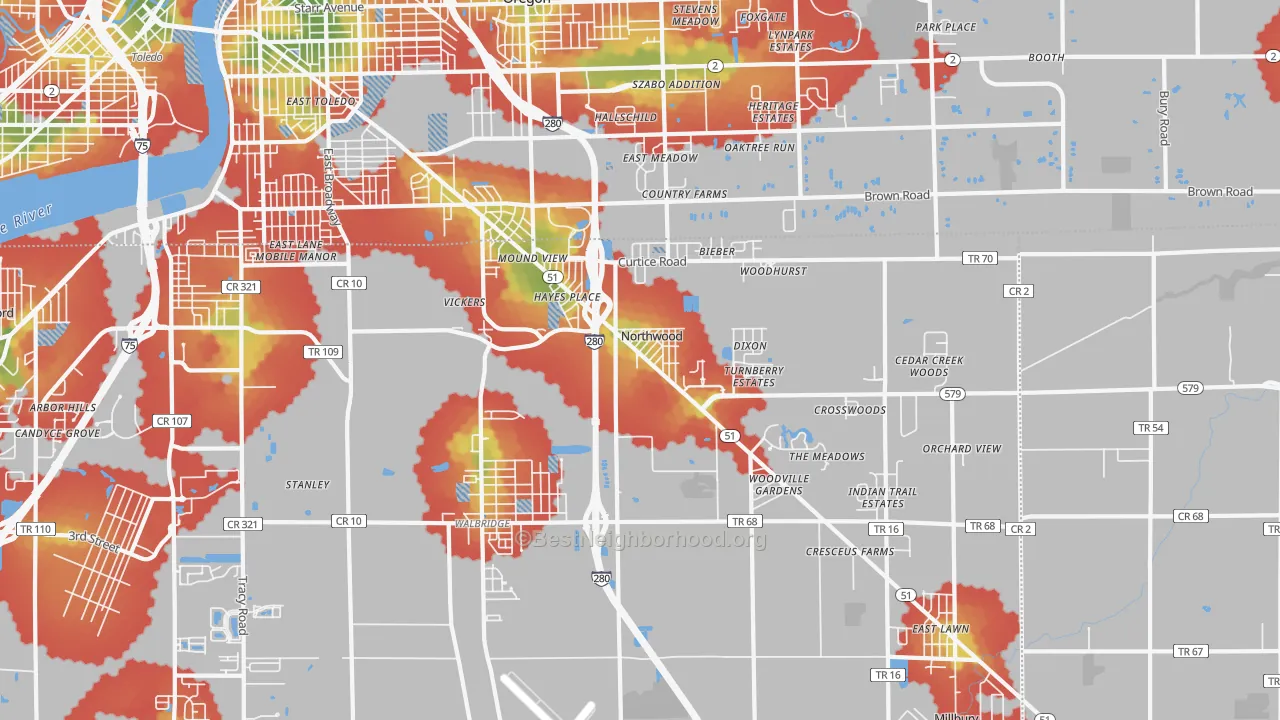 Walk Grade map of 43619, OH, walkable areas in green and car-dependent areas in red