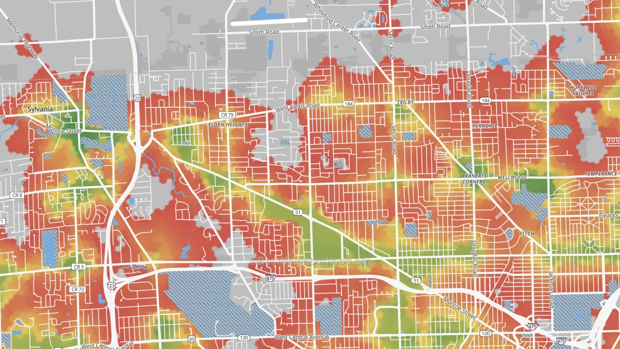 Walk Grade map of 43623, OH, walkable areas in green and car-dependent areas in red