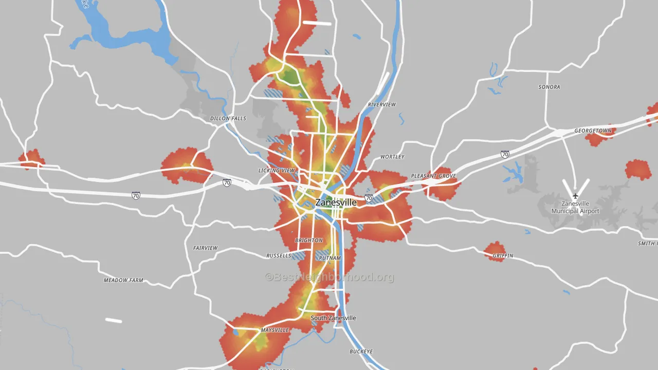 Walk Grade map of 43701, OH, walkable areas in green and car-dependent areas in red