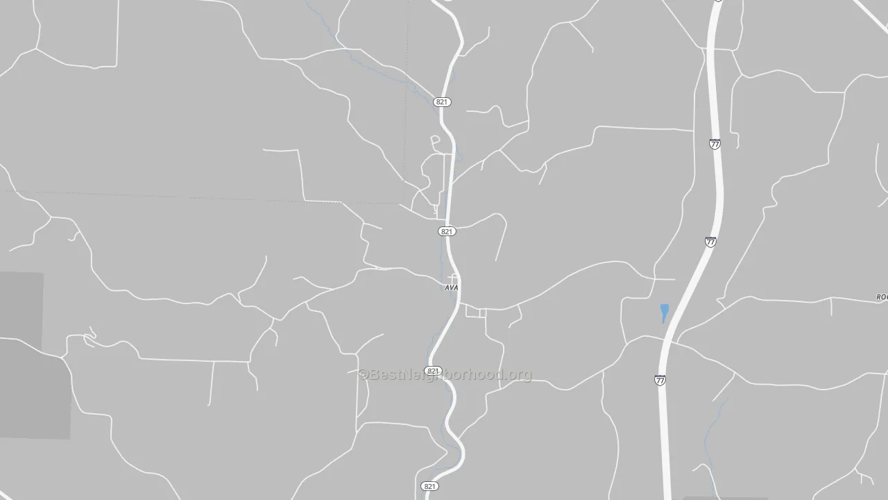 Walk Grade map of 43711, OH, walkable areas in green and car-dependent areas in red