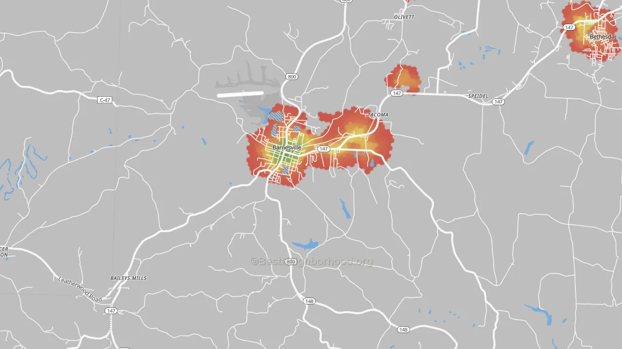 Walk Grade map of 43713, OH, walkable areas in green and car-dependent areas in red