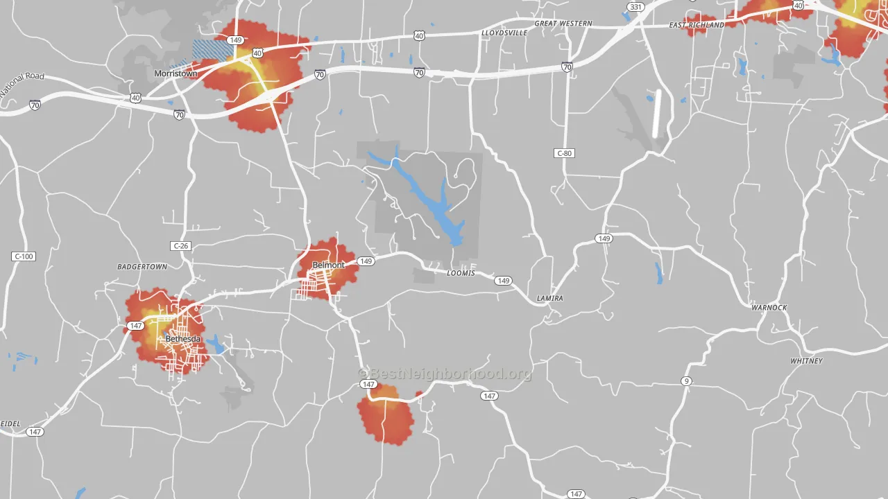 Walk Grade map of 43718, OH, walkable areas in green and car-dependent areas in red