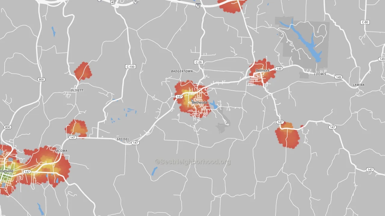 Walk Grade map of 43719, OH, walkable areas in green and car-dependent areas in red