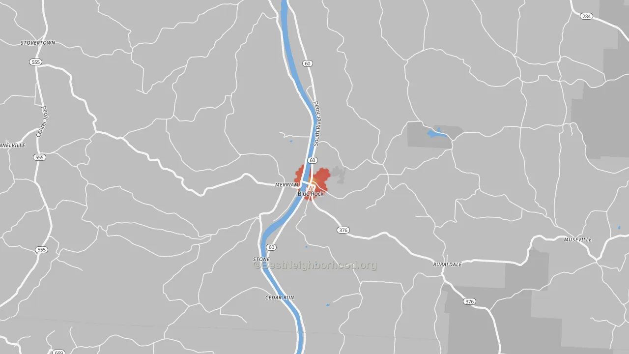 Walk Grade map of 43720, OH, walkable areas in green and car-dependent areas in red