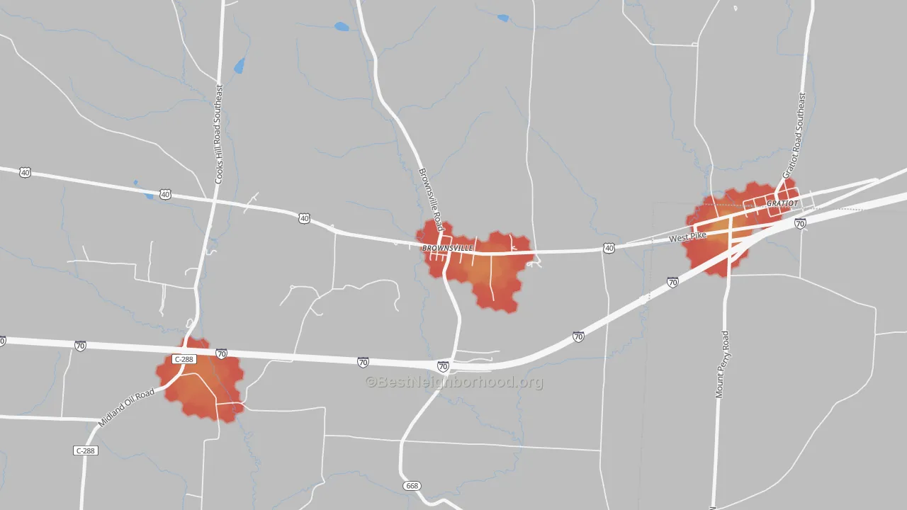 Walk Grade map of 43721, OH, walkable areas in green and car-dependent areas in red