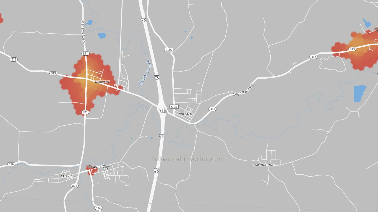 Walk Grade map of 43722, OH, walkable areas in green and car-dependent areas in red
