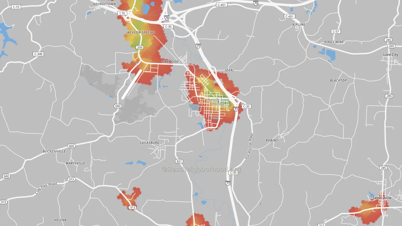 Walk Grade map of 43723, OH, walkable areas in green and car-dependent areas in red