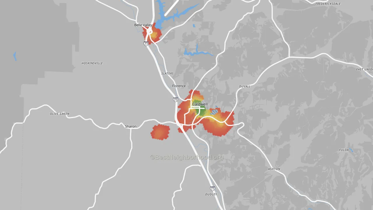 Walk Grade map of 43724, OH, walkable areas in green and car-dependent areas in red