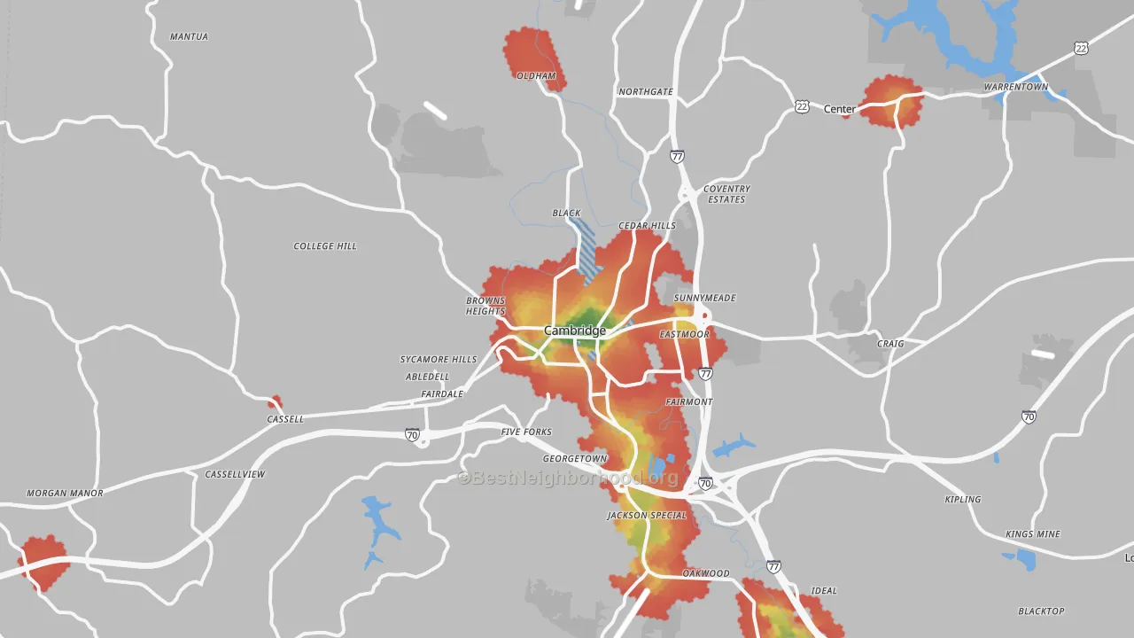 Walk Grade map of 43725, OH, walkable areas in green and car-dependent areas in red