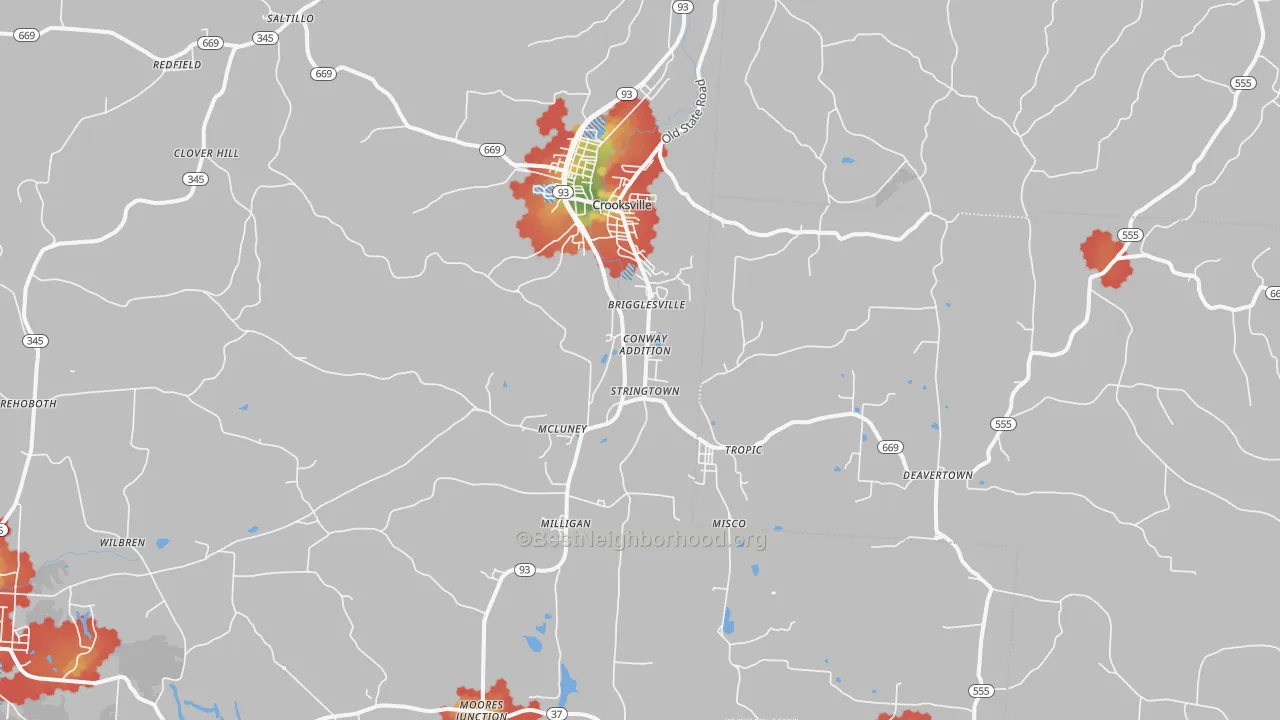 Walk Grade map of 43731, OH, walkable areas in green and car-dependent areas in red