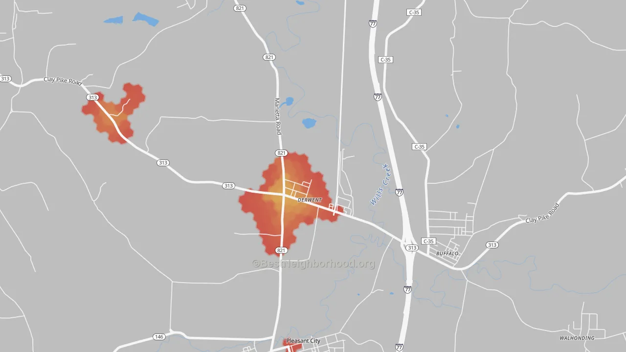 Walk Grade map of 43733, OH, walkable areas in green and car-dependent areas in red