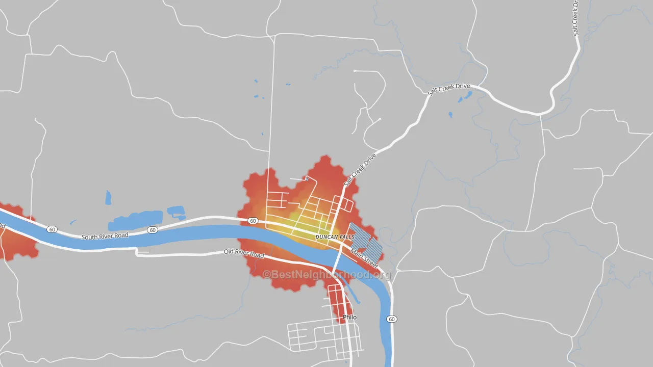 Walk Grade map of 43734, OH, walkable areas in green and car-dependent areas in red