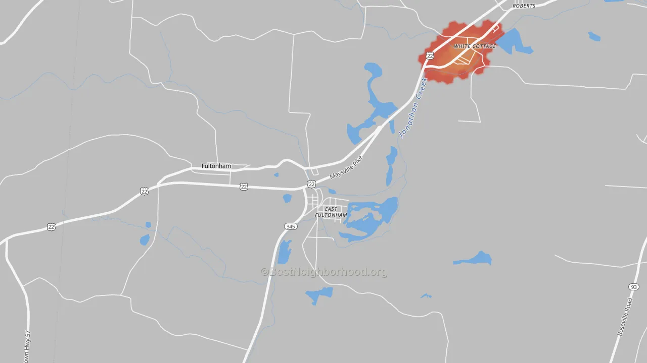 Walk Grade map of 43735, OH, walkable areas in green and car-dependent areas in red