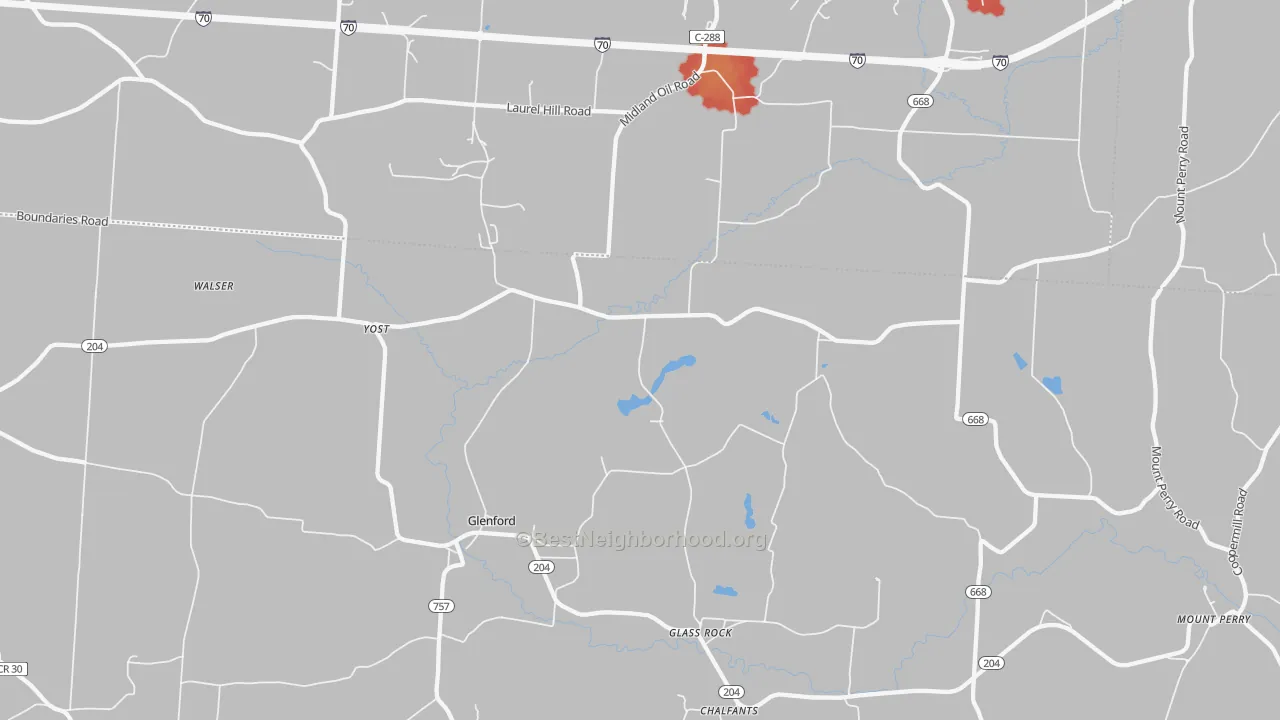 Walk Grade map of 43739, OH, walkable areas in green and car-dependent areas in red