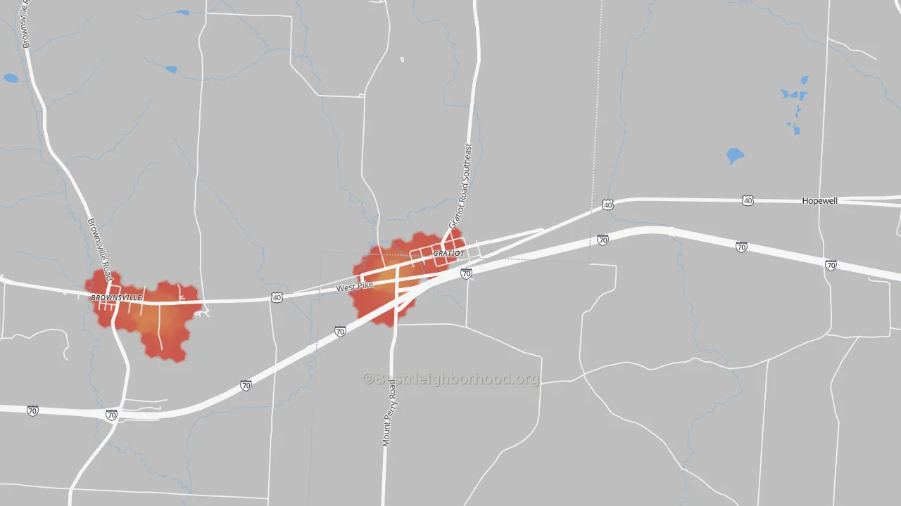 Walk Grade map of 43740, OH, walkable areas in green and car-dependent areas in red
