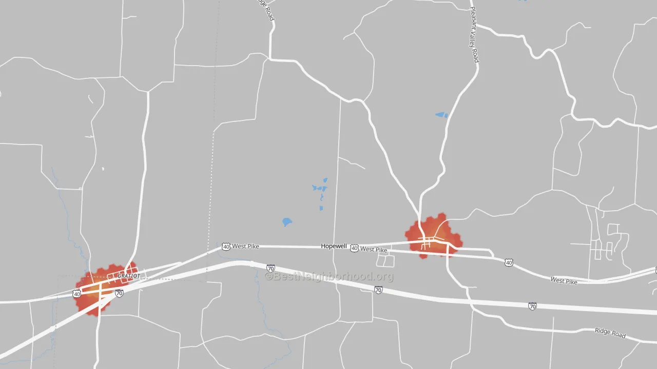 Walk Grade map of 43746, OH, walkable areas in green and car-dependent areas in red