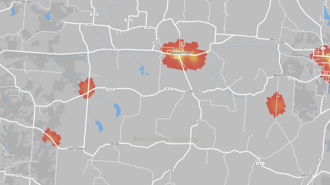 Walk Grade map of 43748, OH, walkable areas in green and car-dependent areas in red