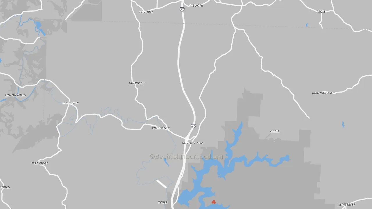 Walk Grade map of 43749, OH, walkable areas in green and car-dependent areas in red