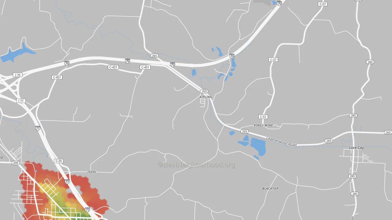Walk Grade map of 43750, OH, walkable areas in green and car-dependent areas in red