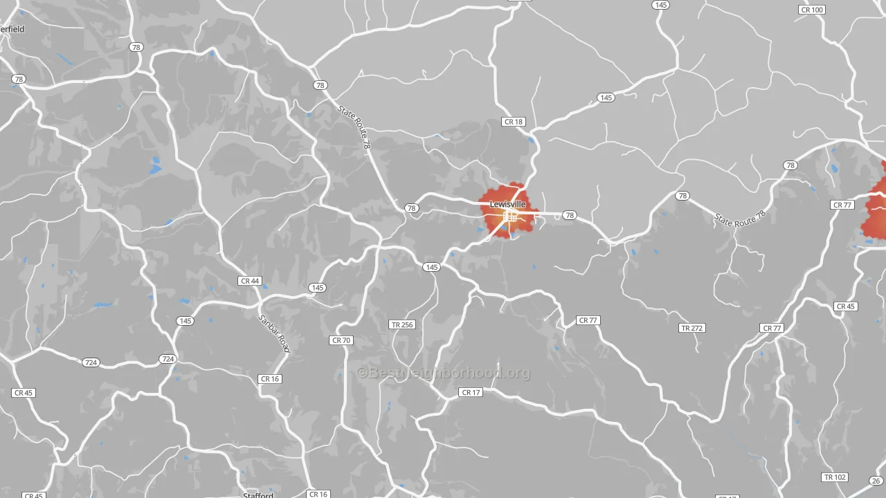 Walk Grade map of 43754, OH, walkable areas in green and car-dependent areas in red