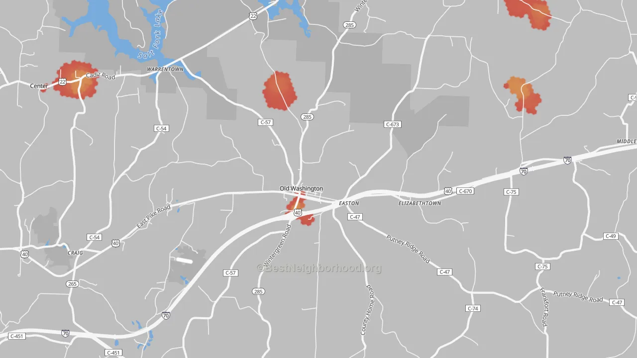 Walk Grade map of 43755, OH, walkable areas in green and car-dependent areas in red