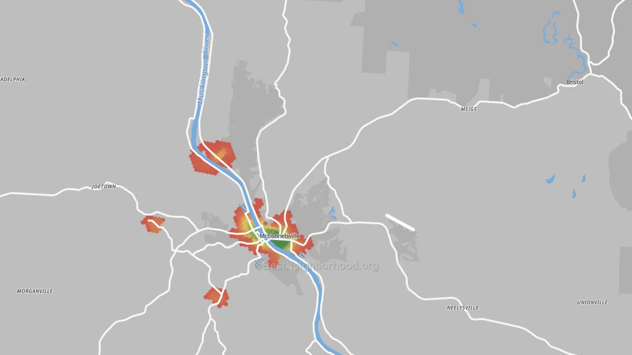 Walk Grade map of 43756, OH, walkable areas in green and car-dependent areas in red