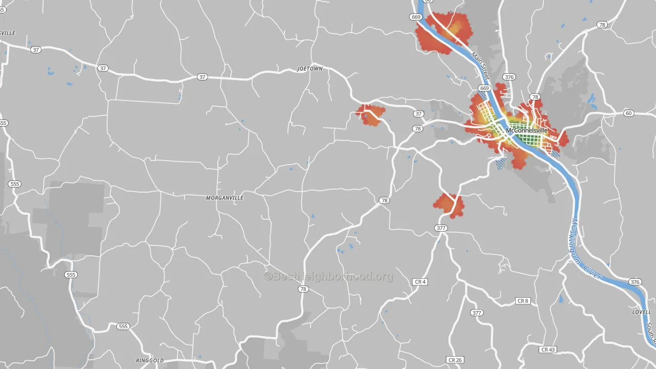 Walk Grade map of 43758, OH, walkable areas in green and car-dependent areas in red