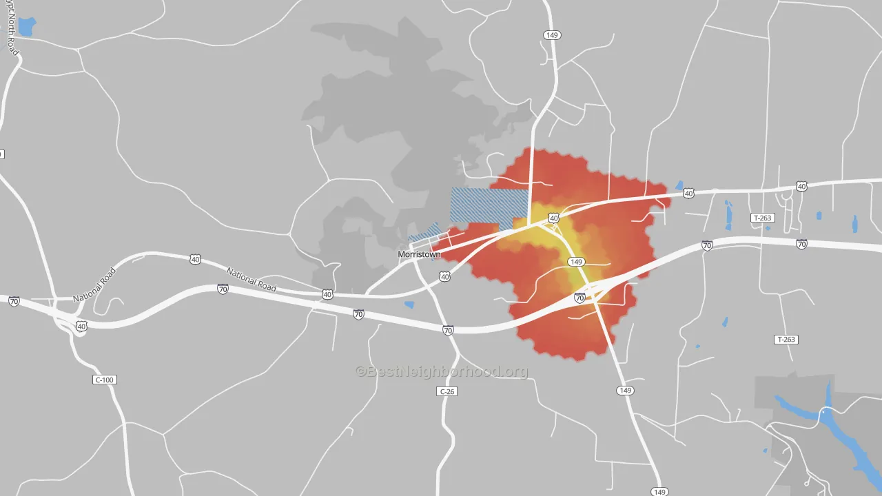 Walk Grade map of 43759, OH, walkable areas in green and car-dependent areas in red