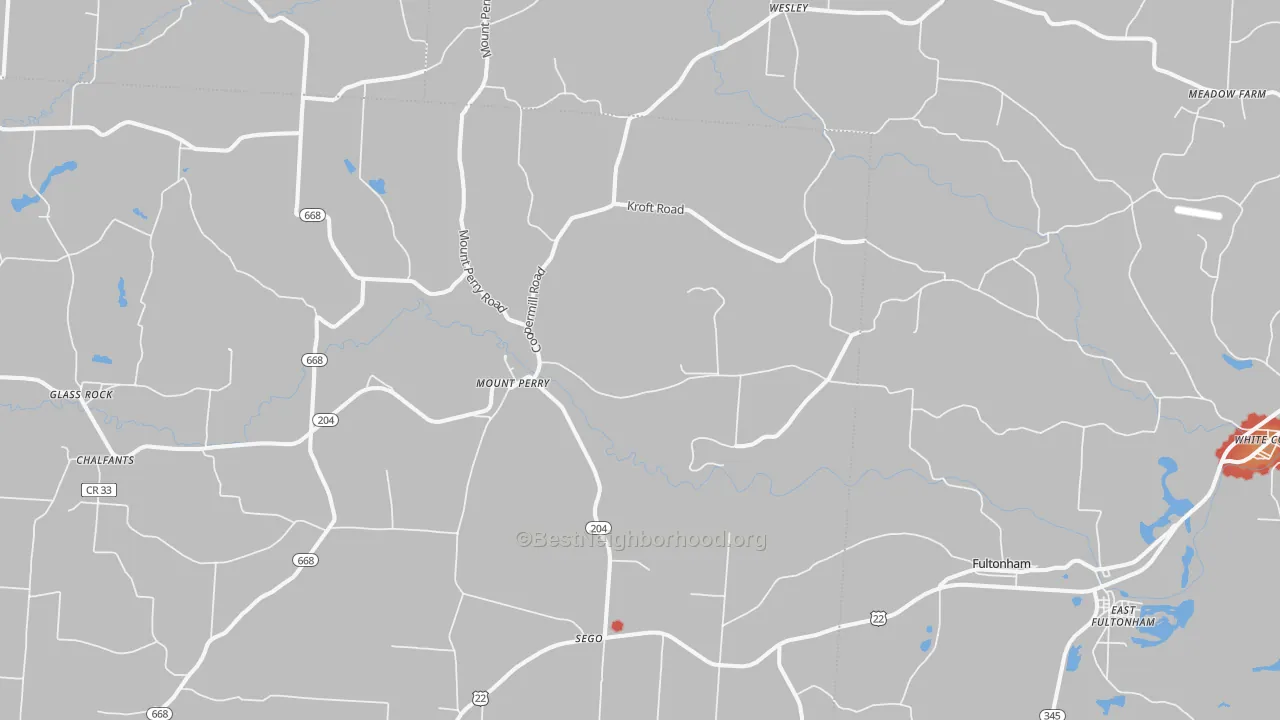 Walk Grade map of 43760, OH, walkable areas in green and car-dependent areas in red