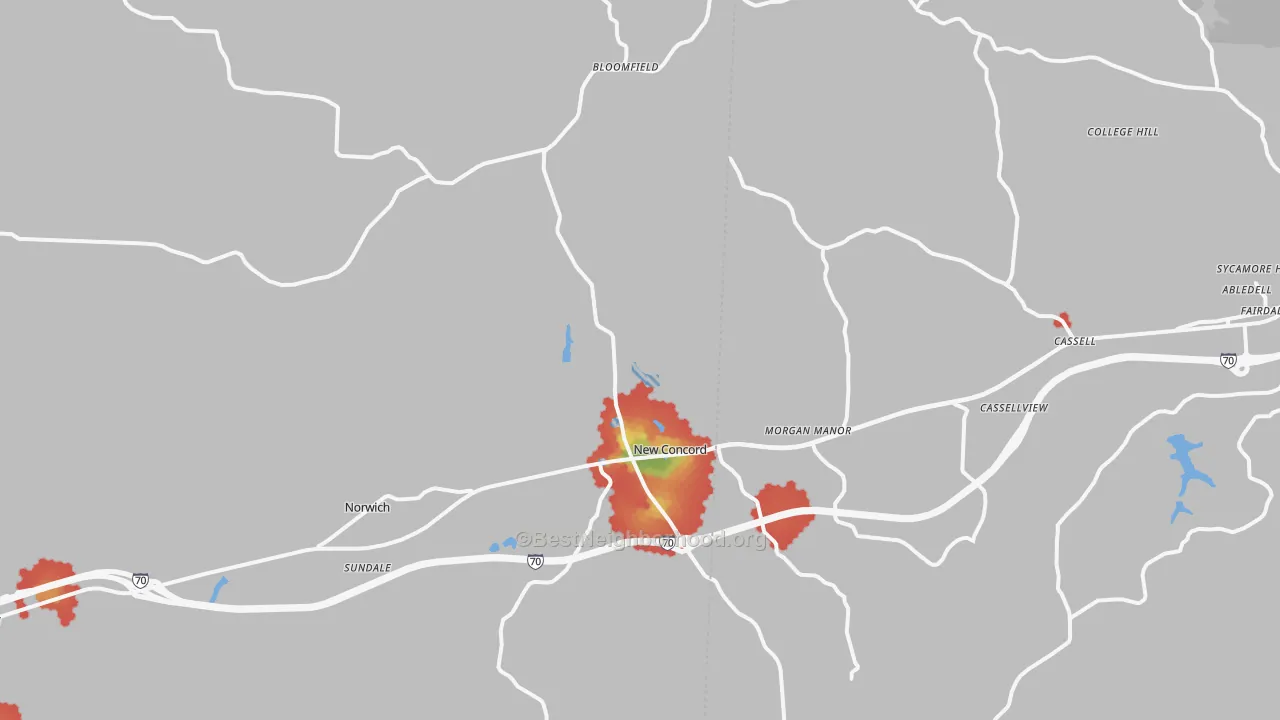Walk Grade map of 43762, OH, walkable areas in green and car-dependent areas in red